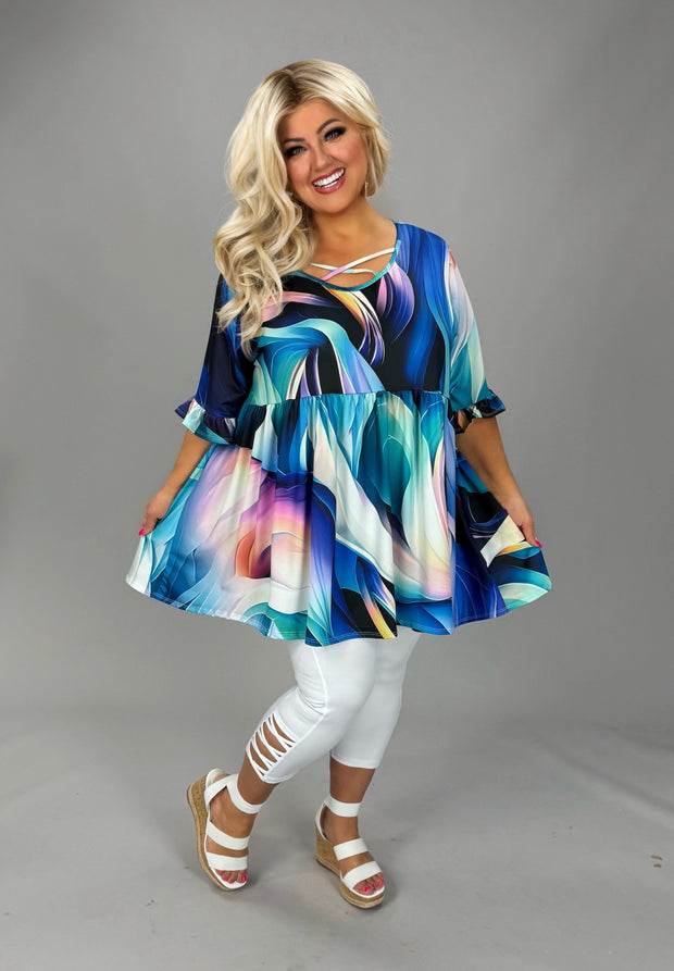 100 PSS {Cool Waves} Blue Multi Wave Print Cross Neck Top EXTENDED PLUS SIZE 3X 4X 5X