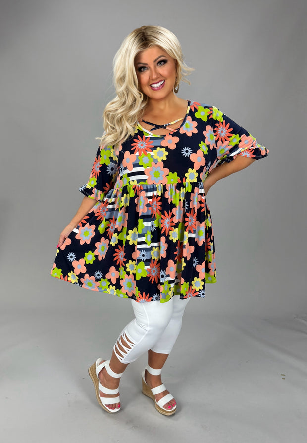100 PSS {Groovy Vibe} Navy Big Flower Cross Neck Top EXTENDED PLUS SIZE 1X 2X 3X 4X 5X
