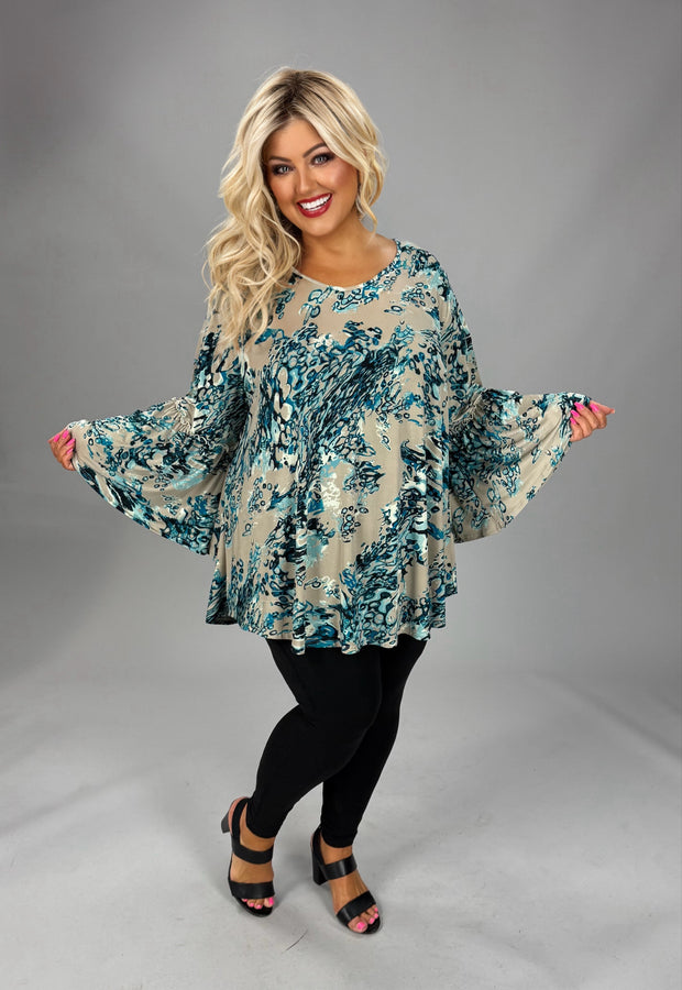 44 PQ {Be Like That} Taupe Blue Print Bell Sleeve Top EXTENDED PLUS SIZE 3X 4X 5X