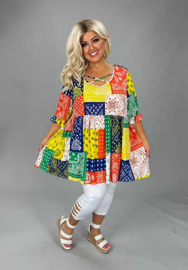 100 PSS {One More Try} Yellow Multi Paisley Cross Neck Top EXTENDED PLUS SIZE 3X 4X 5X