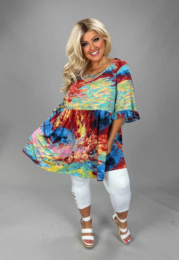 100 PSS {Daydreamer} Red Multi Print Cross. Neck Top EXTENDED PLUS SIZE 3X 4X 5X