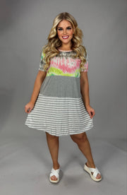 92 CP-D {Happier Now} H. Grey/Multi Tie Dye Stripe Dress PLUS SIZE XL 2X 3X
