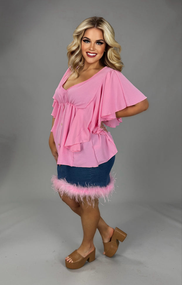 BT-P {Better In Pink} Dk. Stretch Denim Skirt w/Pink Feather Hem PLUS SIZE XL 2X 3X