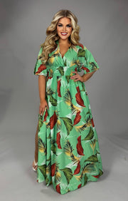 LD-D {Island Escape} Lt Green Palm Printed Lined Dress PLUS SIZE XL 2X 3X