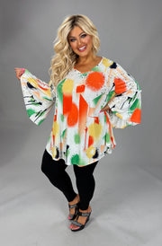 44 PQ {Endless Charm} Ivory Orange Abstract Bell Sleeve Top EXTENDED PLUS SIZE 3X 4X 5X