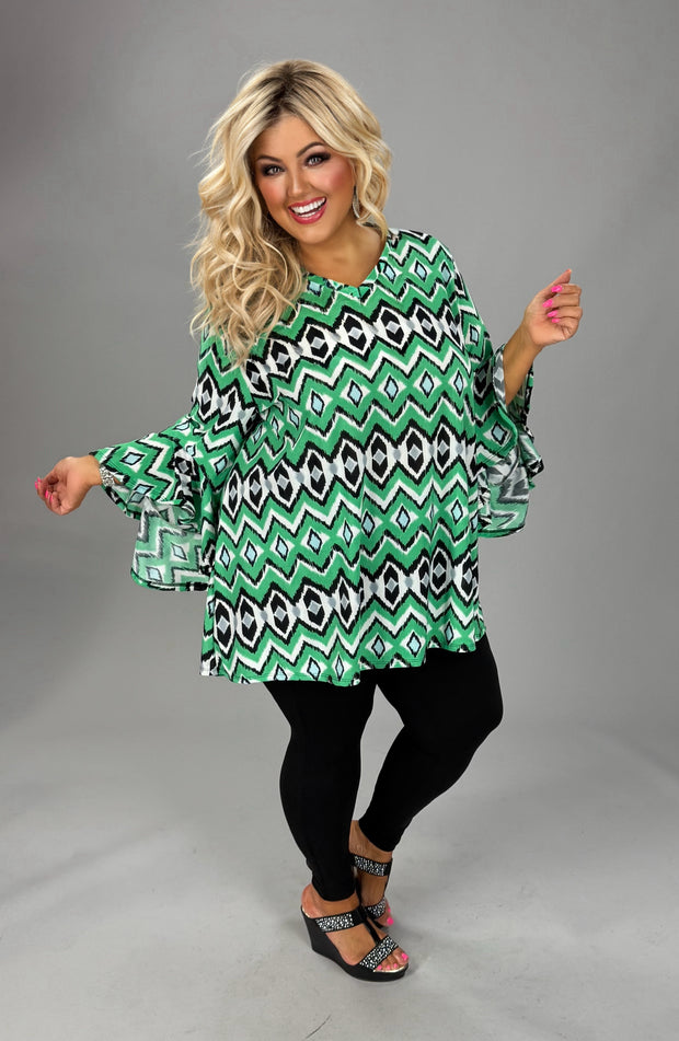 100 PQ {Bold Fun Time} Emerald Green Print V-Neck Top EXTENDED PLUS SIZE 2X 3X 4X  TRUE TO SIZE!!