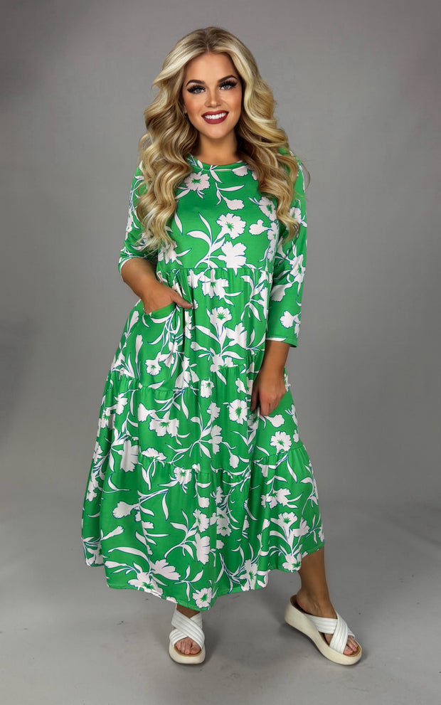 LD-C {First To Arrive} Green White Floral Tiered Maxi Dress PLUS SIZE XL 2X 3X