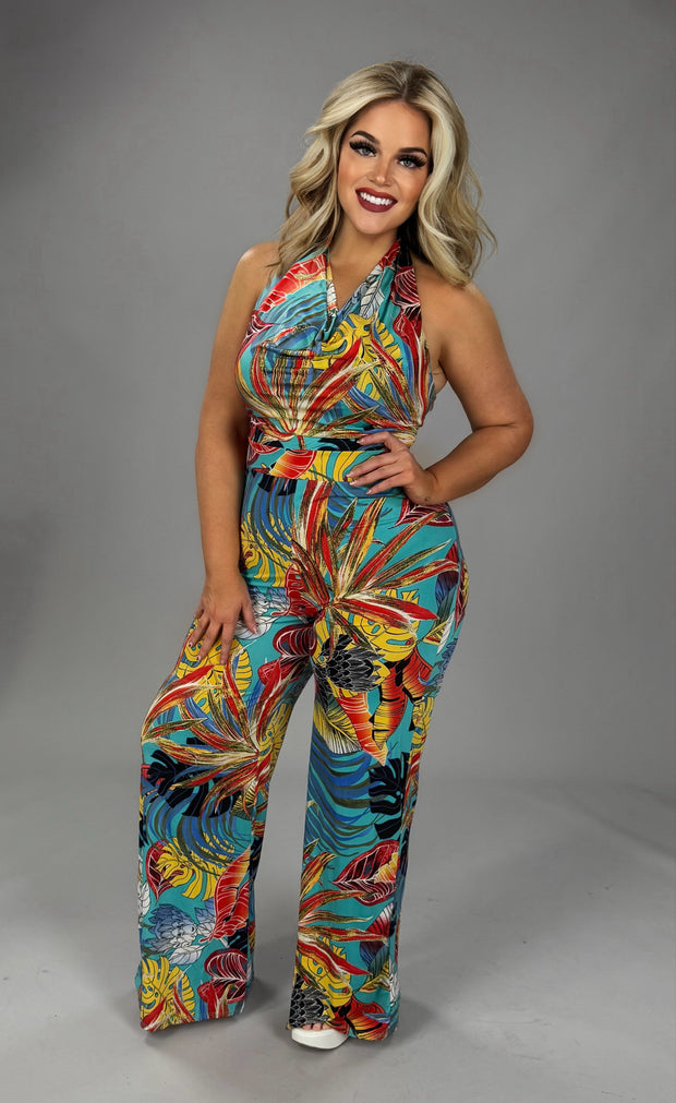 LD-N {Lovely Babe} Tropical Print Halter Jumpsuit PLUS SIZE XL 2X 3X