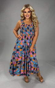 LD-P {Style That Fits You} Blue Floral Smocked Midi Dress PLUS SIZE XL 1X 2X
