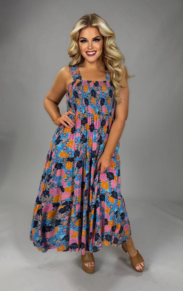 LD-P {Style That Fits You} Blue Floral Smocked Midi Dress PLUS SIZE XL 1X 2X