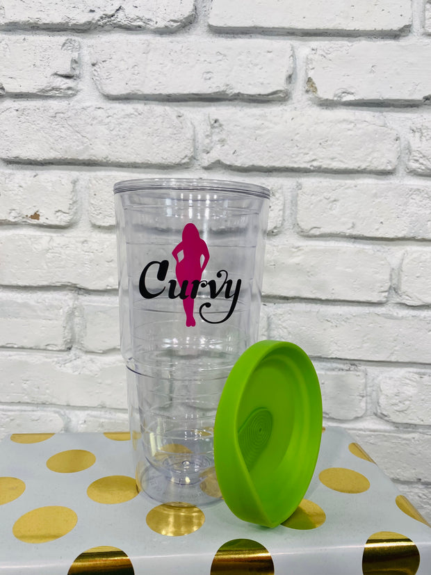 Curvy Tumbler Clear w/Logo & Green Lid 24 oz.