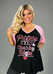 15 GT {Pretty Eyes Chubby Thighs} Black Pink Graphic Tee  PLUS SIZE XL  (May Size Down 1 Size)