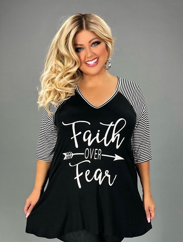 26 GT {Choose "Faith Over Fear"}  Black/White Stripe Graphic Tee    PLUS SIZE XL 2X 3X 4X 5X 6X (May Size Down 1 Size}