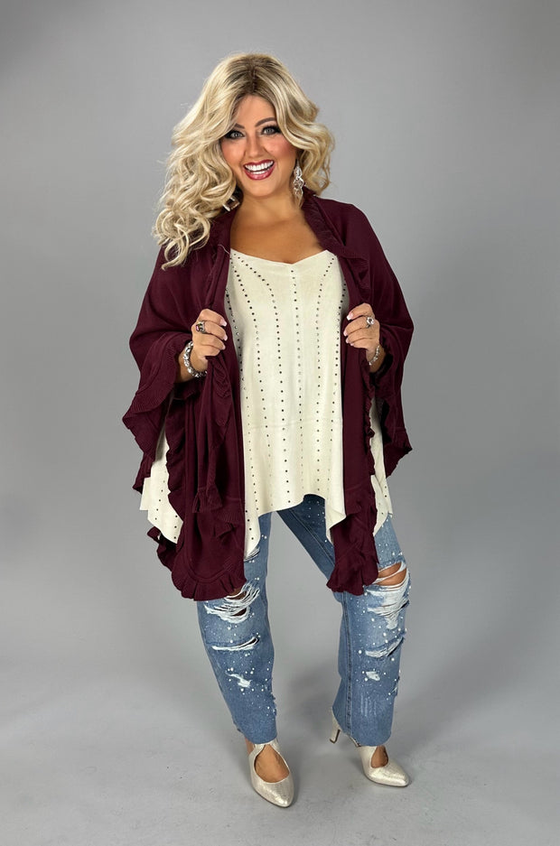 11 OT {Surreal Feeling} Burgundy Cardigan w/ Ruffle Details ONE SIZE