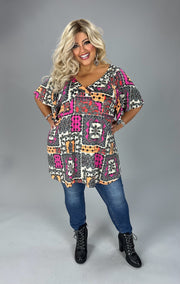 100 PSS {Material Girl} Fuchsia Black Paisley Print V-Neck Top EXTENDED PLUS SIZE 2X  3X 4X  TRUE TO SIZE!!
