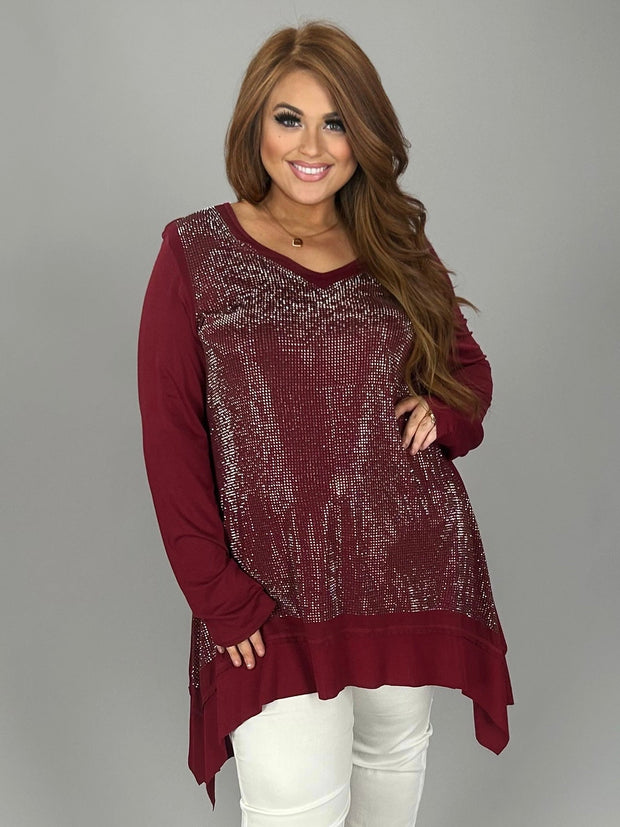 64  SD {Swing With Me} VOCAL Burgundy Rhinestone  V-Neck Top PLUS SIZE 1X 2X 3X