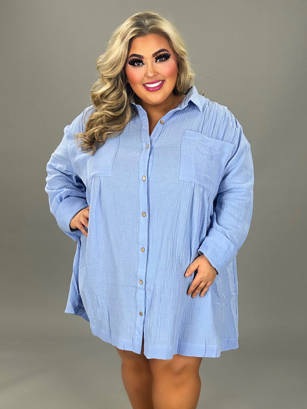 11 SLS {Total Harmony} Sky Blue Button Up  Long Top PLUS SIZE 1X 2X 3X