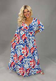 LD {Elegant Dreaming} Royal Orange Print Maxi Faux Wrap Dress PLUS SIZE XL 2X 3X