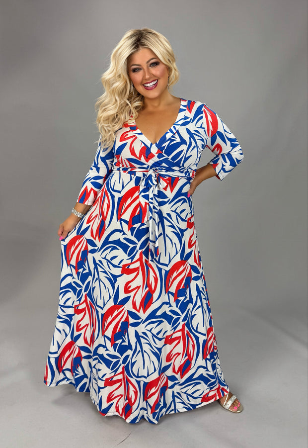 LD {Elegant Dreaming} Royal Orange Print Maxi Faux Wrap Dress PLUS SIZE XL 2X 3X
