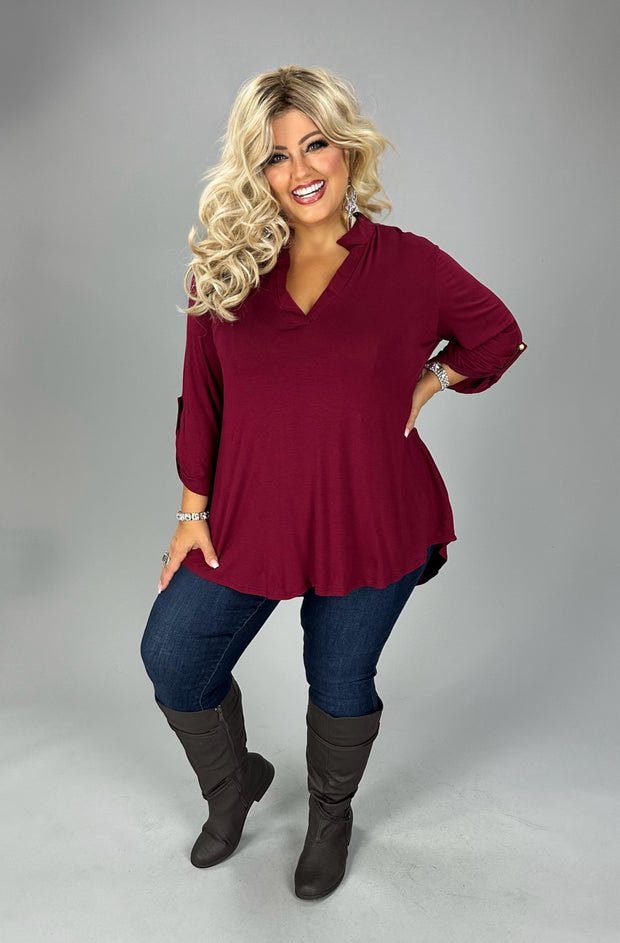 36 SQ {After Sunset} Burgundy Top w Cuffed Sleeves PLUS SIZE 1X 2X 3X