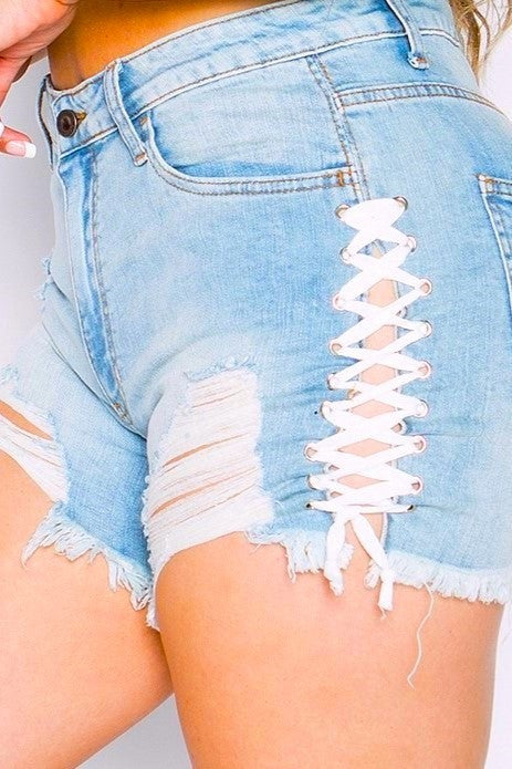 BT {Feeling The Fun} Lt Blue Distressed Denim Shorts PLUS SIZE XL 2X 3X  (SIZE UP 1 SIZE)