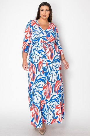 LD {Elegant Dreaming} Royal Orange Print Maxi Faux Wrap Dress PLUS SIZE XL 2X 3X