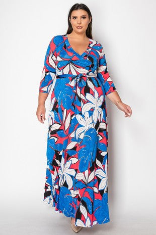 LD {Time For Fun} Coral Royal Blue Faux Wrap Maxi Dress PLUS SIZE XL 2X 3X