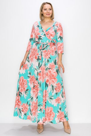 LD {Mint Jewel} Mint Floral Faux Wrap Maxi Dress PLUS SIZE XL 2X 3X