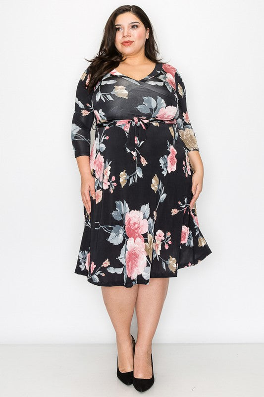 100 PLS {Thoughtful Floral} Black Floral Faux Wrap Dress PLUS SIZE XL 2X 3X