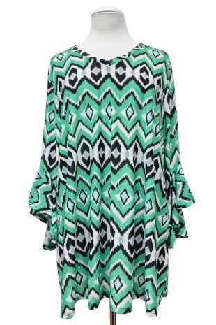 100 PQ {Bold Fun Time} Emerald Green Print V-Neck Top EXTENDED PLUS SIZE 2X 3X 4X  TRUE TO SIZE!!