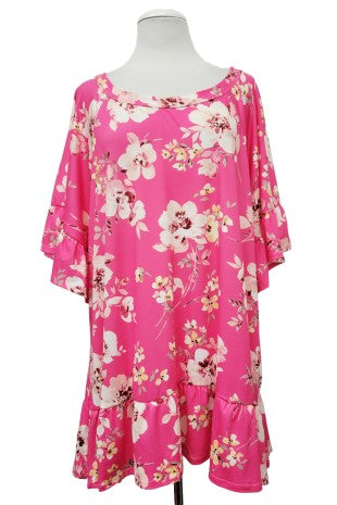 100 PSS {Garden Tea Party} Fuchsia Floral Tunic w/Frill Hem EXTENDED PLUS SIZE 2X 3X 4X  TRUE TO SIZE!!