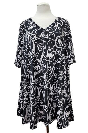 100 PSS {Inspiring Sight} Black/Ivory Print V-Neck Top EXTENDED PLUS SIZE 3X 4X 5X  TRUE TO SIZE!!