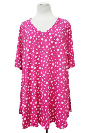 100 PSS {From Dot To Dot} Fuchsia Polka Dot Print V-Neck Top EXTENDED PLUS SIZE 3X 4X 5X  TRUE TO SIZE!!