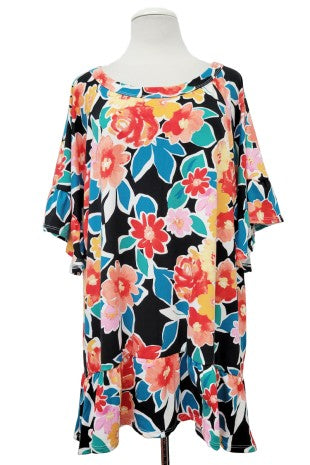 100 PSS {Vibrant Cutie} Black Floral Print Tunic EXTENDED PLUS SIZE 2X 3X 4X  TRUE TO SIZE!!