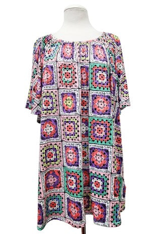 100 PSS {Cue The Charm} Pink Multi Crochet Print Top EXTENDED PLUS SIZE 2X 3X 4X  TRUE TO SIZE!!