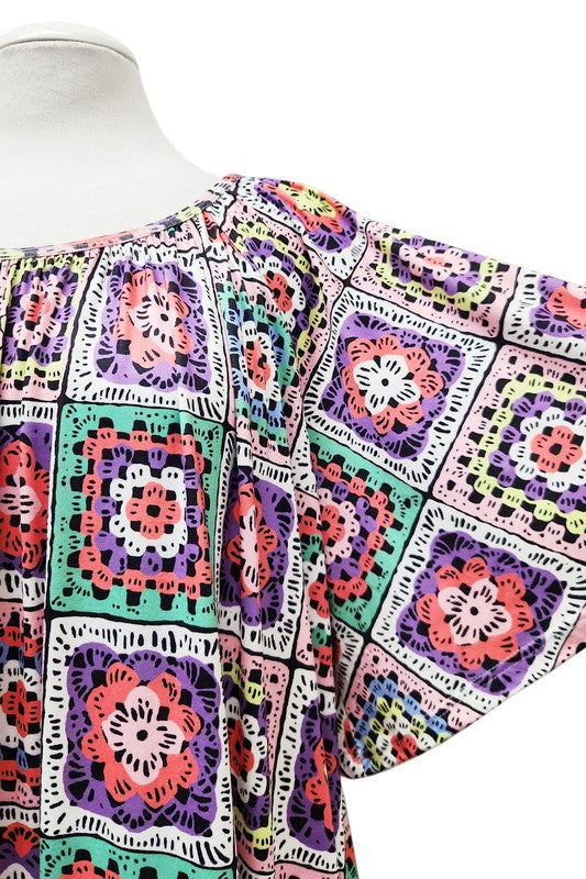 100 PSS {Cue The Charm} Pink Multi Crochet Print Top EXTENDED PLUS SIZE 2X 3X 4X  TRUE TO SIZE!!