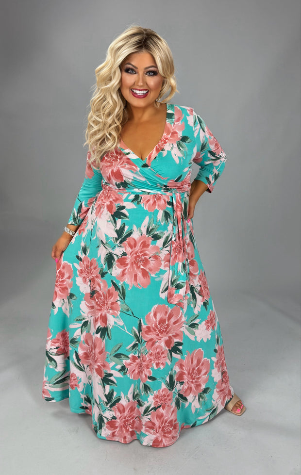 LD {Mint Jewel} Mint Floral Faux Wrap Maxi Dress PLUS SIZE XL 2X 3X