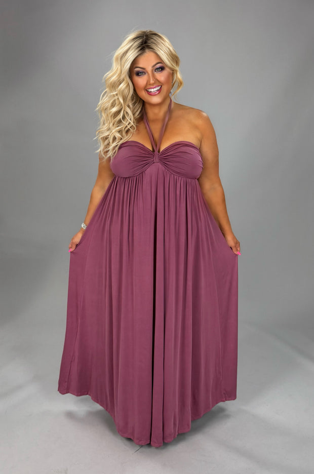 LD {Expressing Yourself} Dk Mauve Halter Maxi Dress PLUS SIZE XL 2X 3X