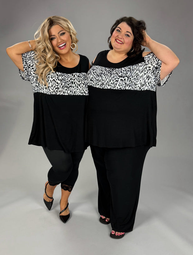 58 OS {Your Wild Side} Black White Leopard Open Shoulder Top EXTENDED PLUS SIZE 4X 5X 6X