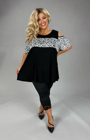 58 OS {Your Wild Side} Black White Leopard Open Shoulder Top EXTENDED PLUS SIZE 4X 5X 6X