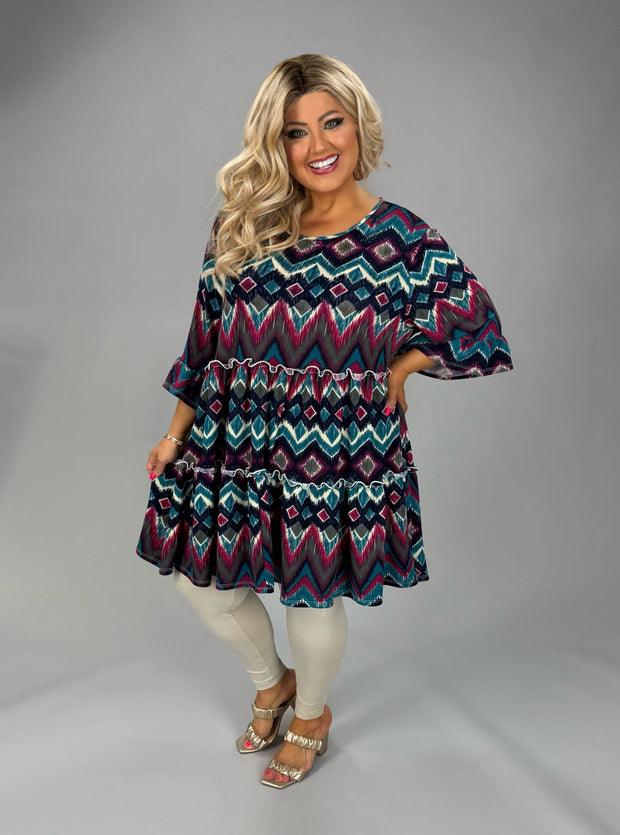 25 PSS {In A Dream} Teal Eggplant Chevron Print Tiered Tunic EXTENDED PLUS SIZE 3X 4X 5X