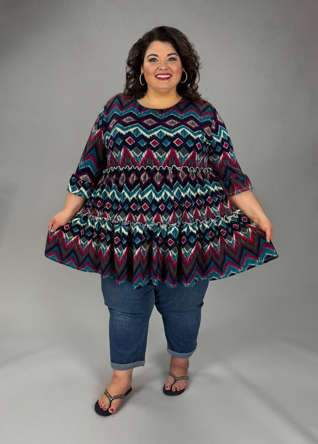 25 PSS {In A Dream} Teal Eggplant Chevron Print Tiered Tunic EXTENDED PLUS SIZE 3X 4X 5X