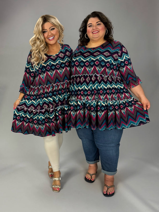 25 PSS {In A Dream} Teal Eggplant Chevron Print Tiered Tunic EXTENDED PLUS SIZE 3X 4X 5X