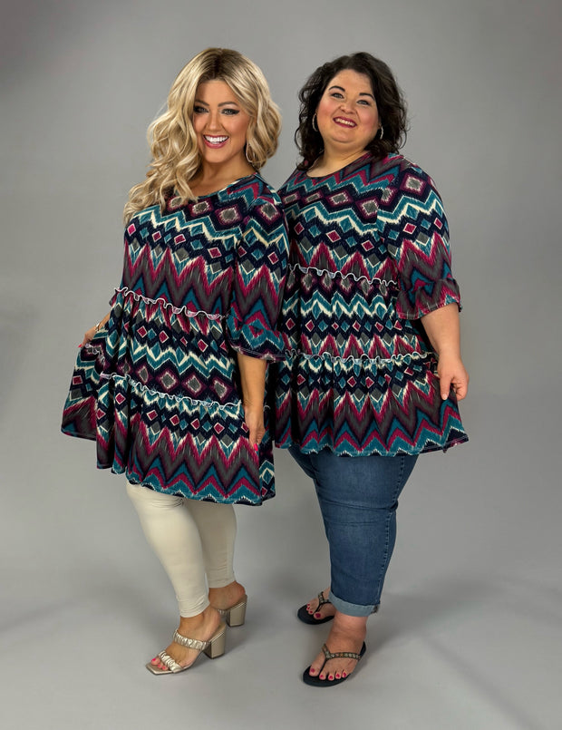 25 PSS {In A Dream} Teal Eggplant Chevron Print Tiered Tunic EXTENDED PLUS SIZE 3X 4X 5X