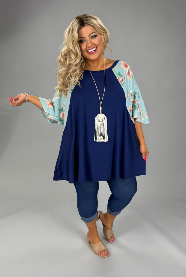 45 CP {Darling & Dainty} Navy Mint Floral Sleeve Top EXTENDED PLUS SIZE 4X 5X 6X