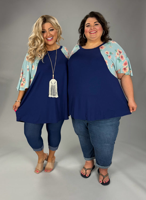 45 CP {Darling & Dainty} Navy Mint Floral Sleeve Top EXTENDED PLUS SIZE 4X 5X 6X