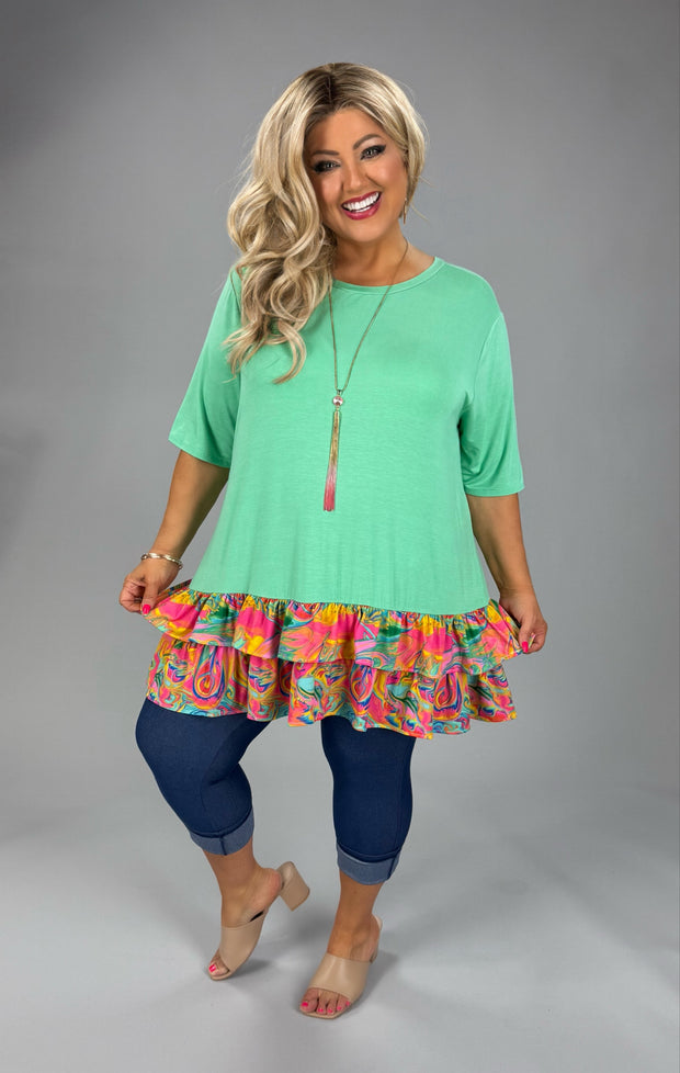 21 CP {Inspirational Feeling} Mint Multi Color Ruffle Hem Top EXTENDED PLUS SIZE 4X 5X 6X