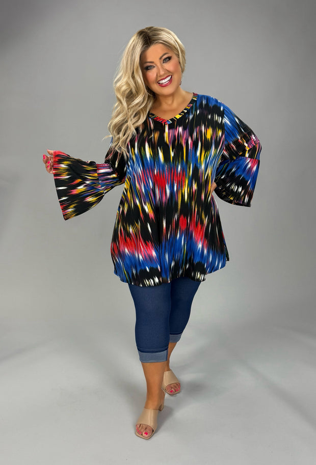 63 PQ-P {Blurry Pixels} Red Blue Printed Bell Sleeve Top EXTENDED PLUS SIZE 3X 4X 5X