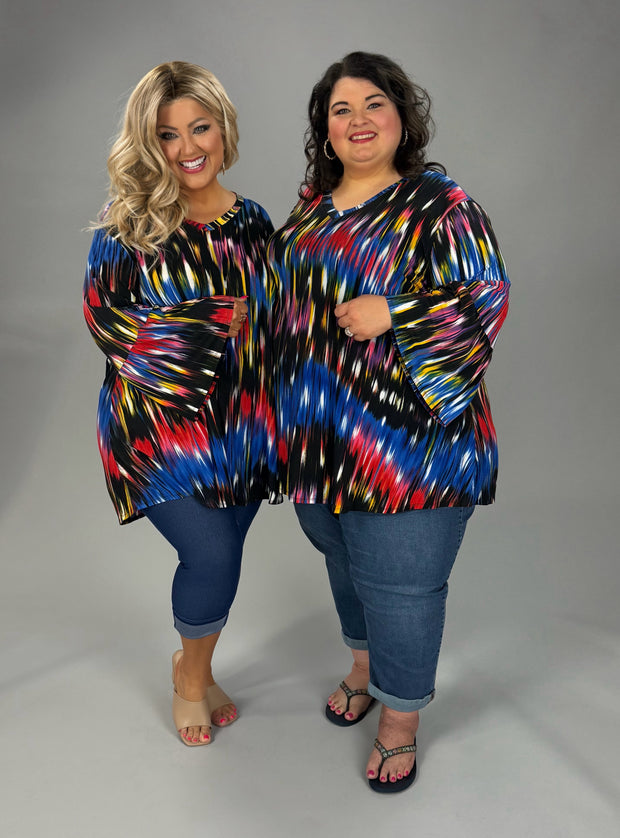 63 PQ-P {Blurry Pixels} Red Blue Printed Bell Sleeve Top EXTENDED PLUS SIZE 3X 4X 5X
