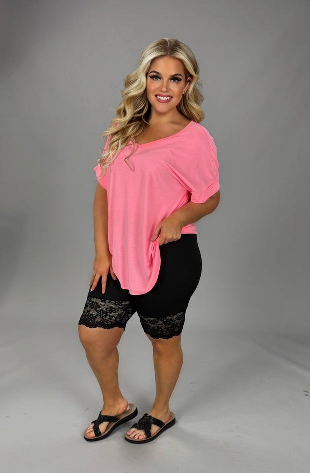 56 SSS-N {PINK CLASSIC}  Pink V-Neck Top Cuffed Sleeves PLUS SIZE XL 2X 3X